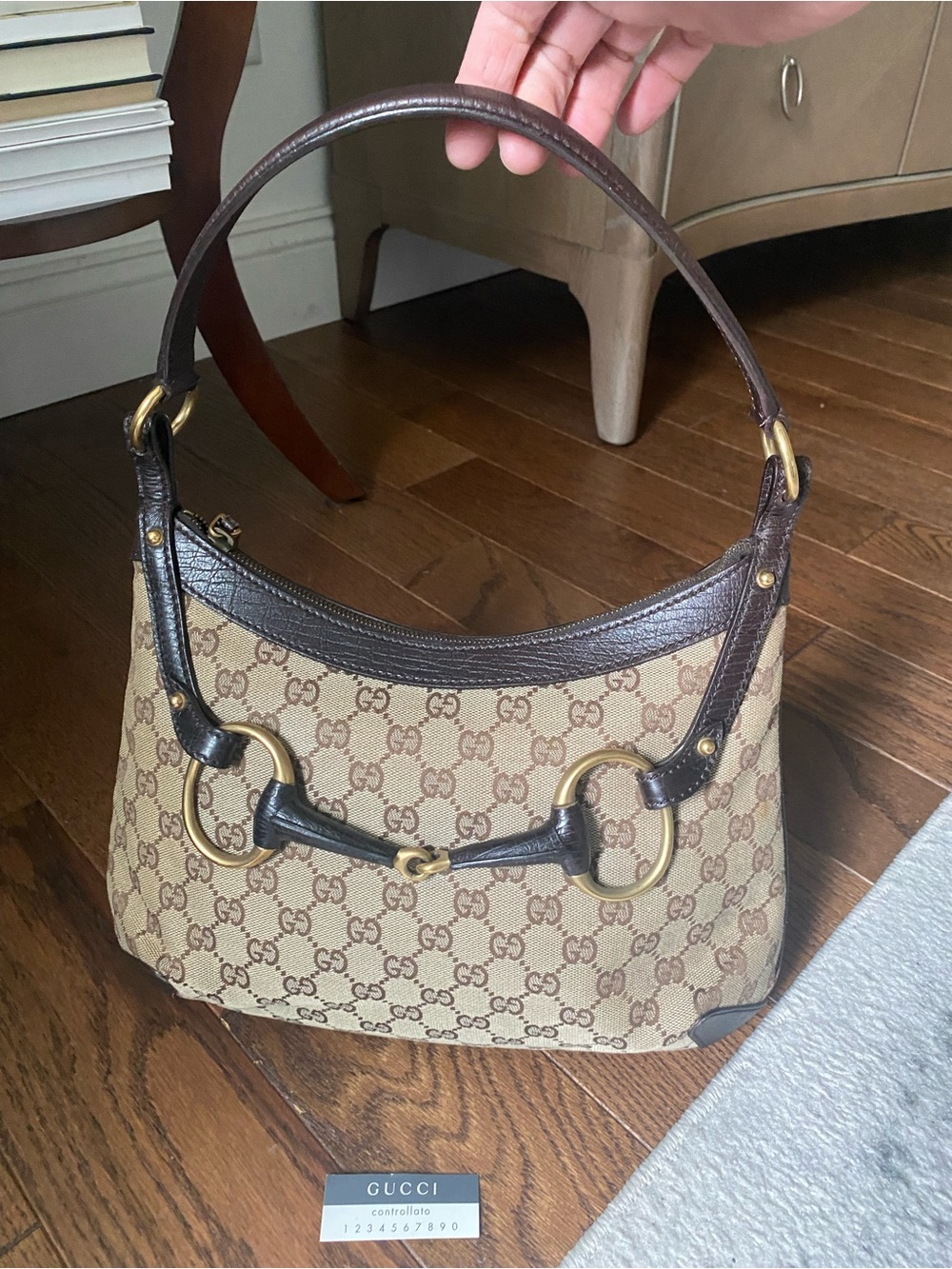 Gucci Beige GG Canvas Shoulder Bag with Dark Brown Trim and Gold Hardware